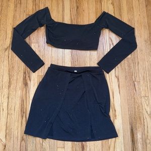 Lucy in the Sky Ali High Slit Skirt and Top Two-Piece Set in Black Shimmer